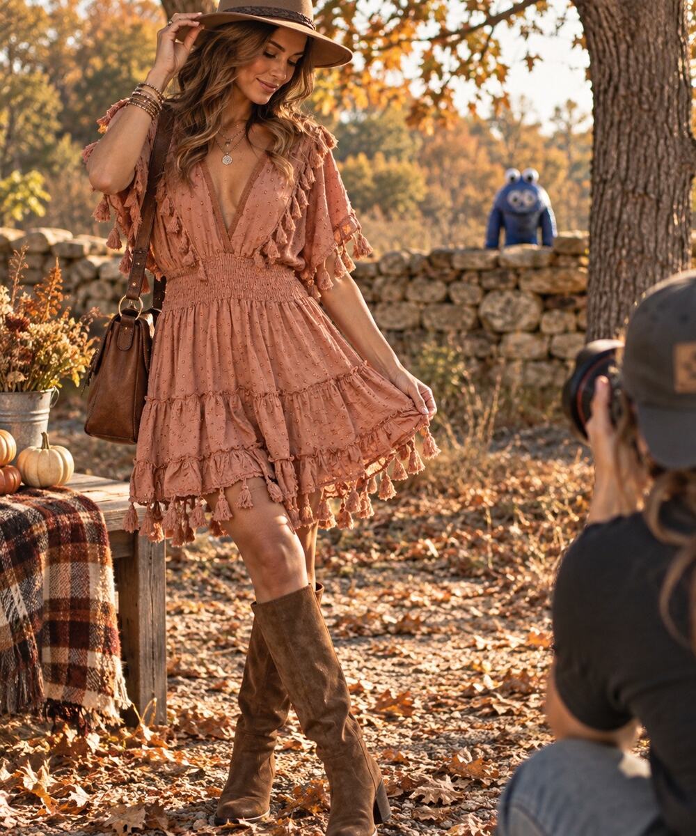 Z&L XL Terracotta Tassel MiniDress Cotton Boho SwissDot Prairie fallpics